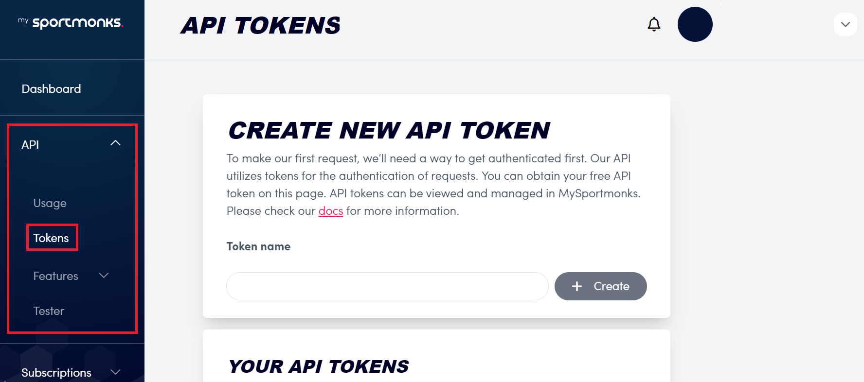 Creat API Token_Sportmonks